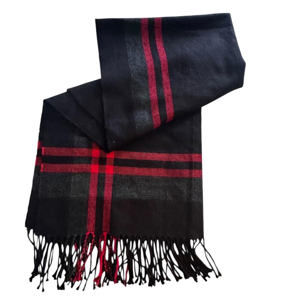 Plaid Scarf Black Red Gray Fringe Soft Warm Preppy Classic 66" x 28" Wrap